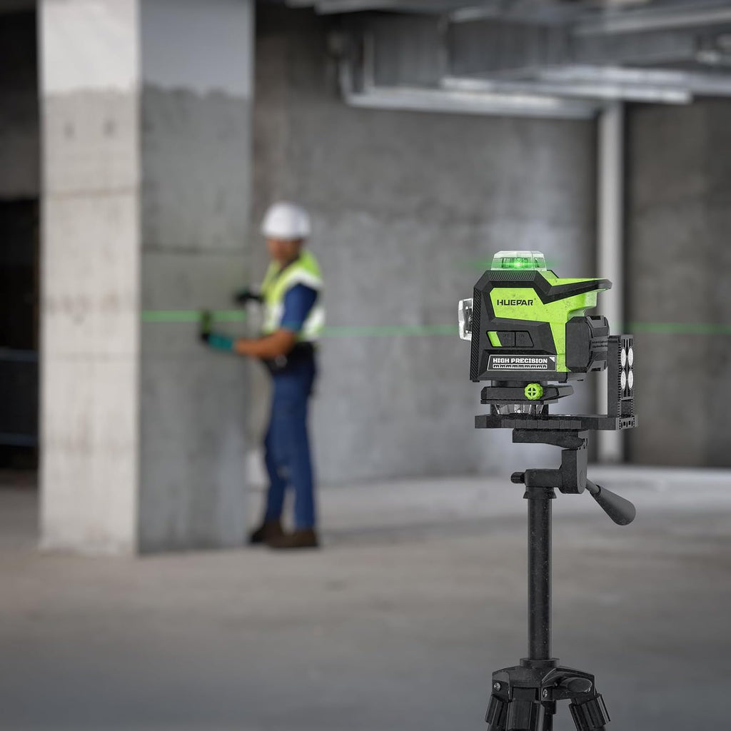 Huepar 4x360 Laser Level Adjustable Brightness Green 16 Lines Leveler with LCD Screen, 2 Type Batteries (Li-ion Battery+4*AA Battery), 4 Working Modes, ±2mm High Accuracy Self Leveling Laser Leveler