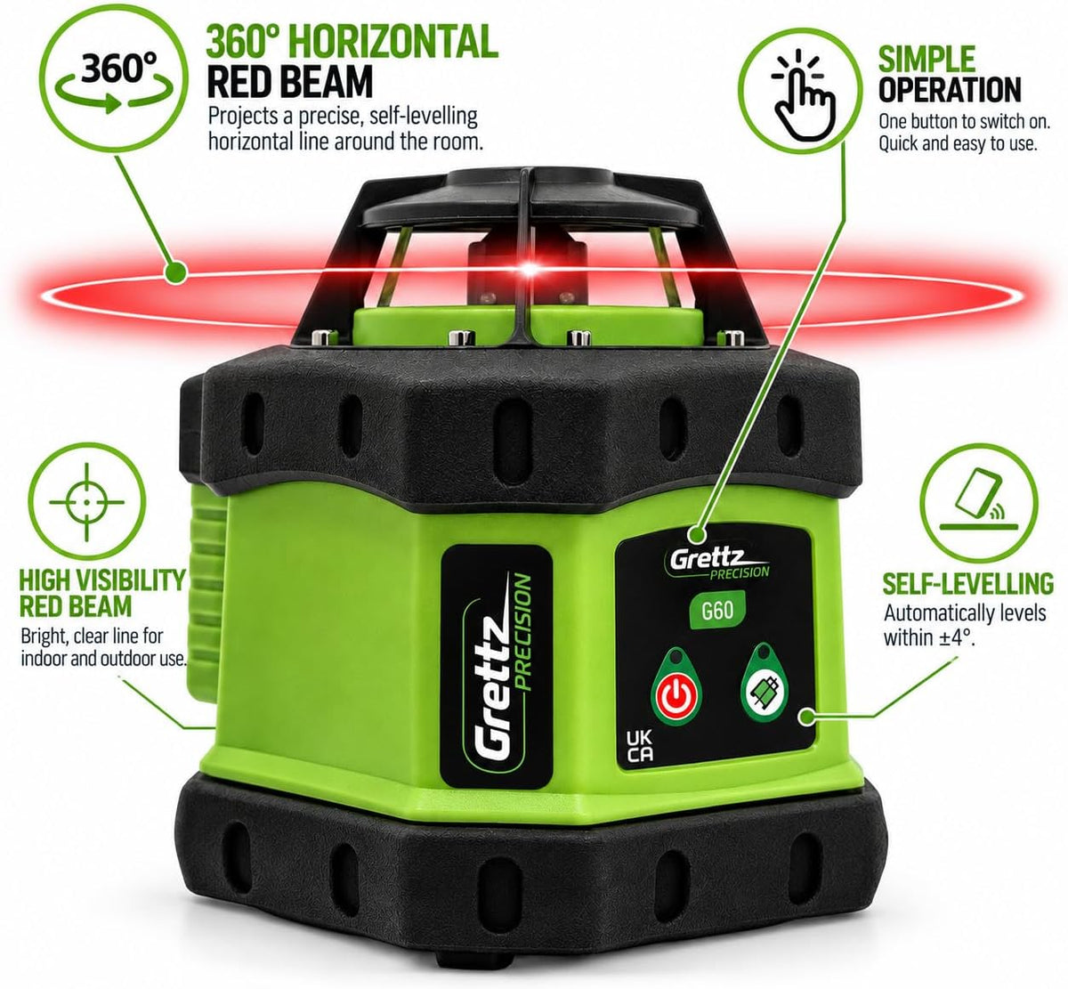 Grettz G60 Rotary Laser Level Kit — Red Beam, Tripod, Staff & Receiver