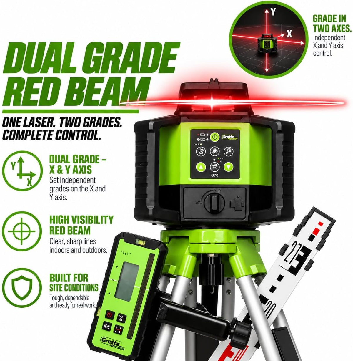 Grettz G70 Red Beam Rotary Laser Level Kit — Dual Grade, Self-Levelling