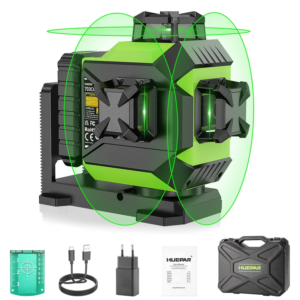 Huepar 4x360 Laser Level Adjustable Brightness Green 16 Lines Leveler with LCD Screen, 2 Type Batteries (Li-ion Battery+4*AA Battery), 4 Working Modes, ±2mm High Accuracy Self Leveling Laser Leveler