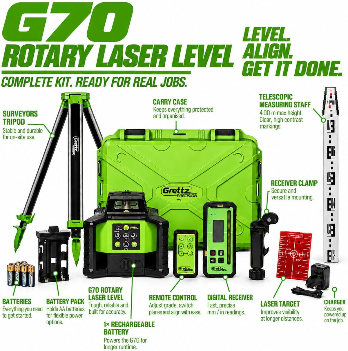Grettz G70 Red Beam Rotary Laser Level Kit — Dual Grade, Self-Levelling