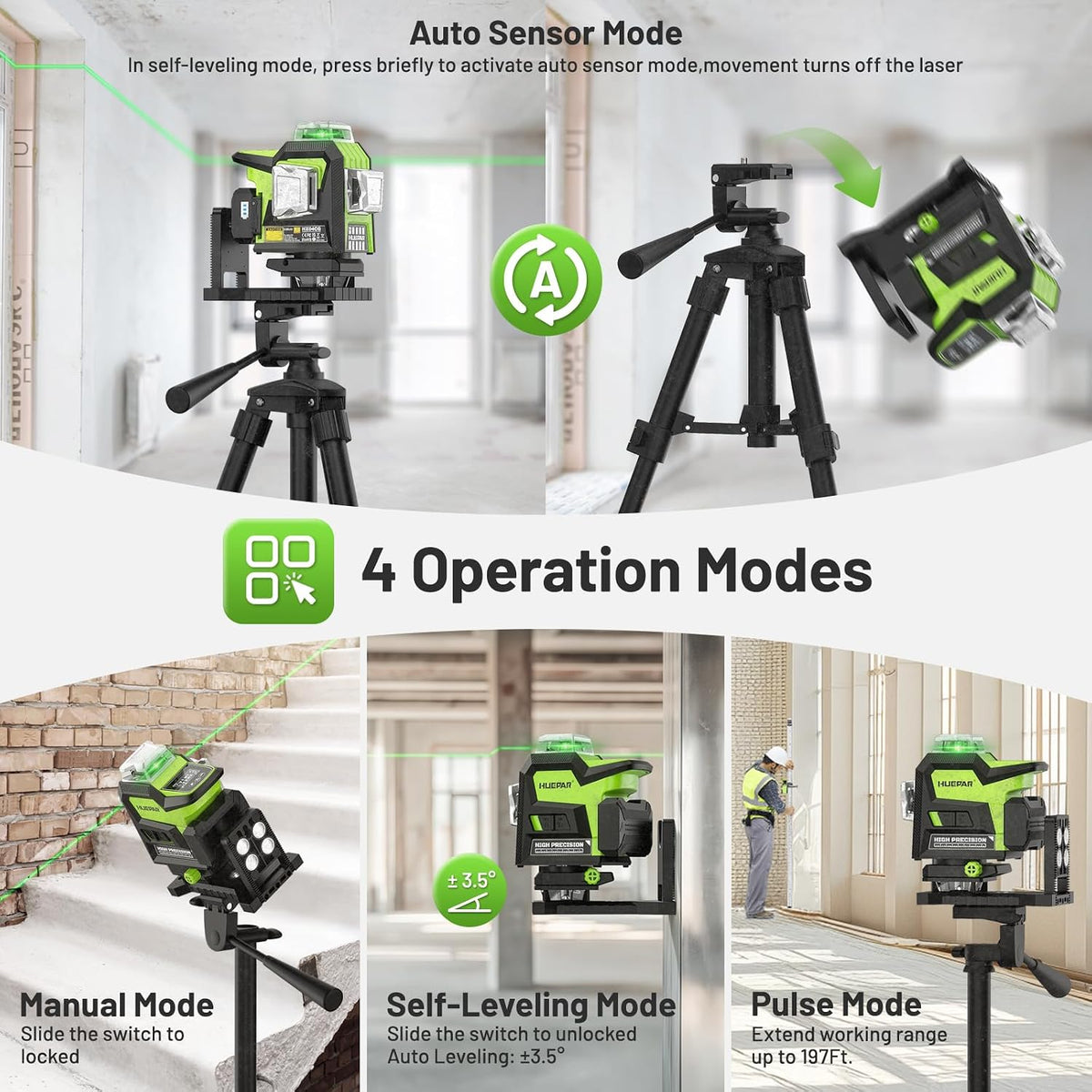 Huepar 4x360 Laser Level Adjustable Brightness Green 16 Lines Leveler with LCD Screen, 2 Type Batteries (Li-ion Battery+4*AA Battery), 4 Working Modes, ±2mm High Accuracy Self Leveling Laser Leveler