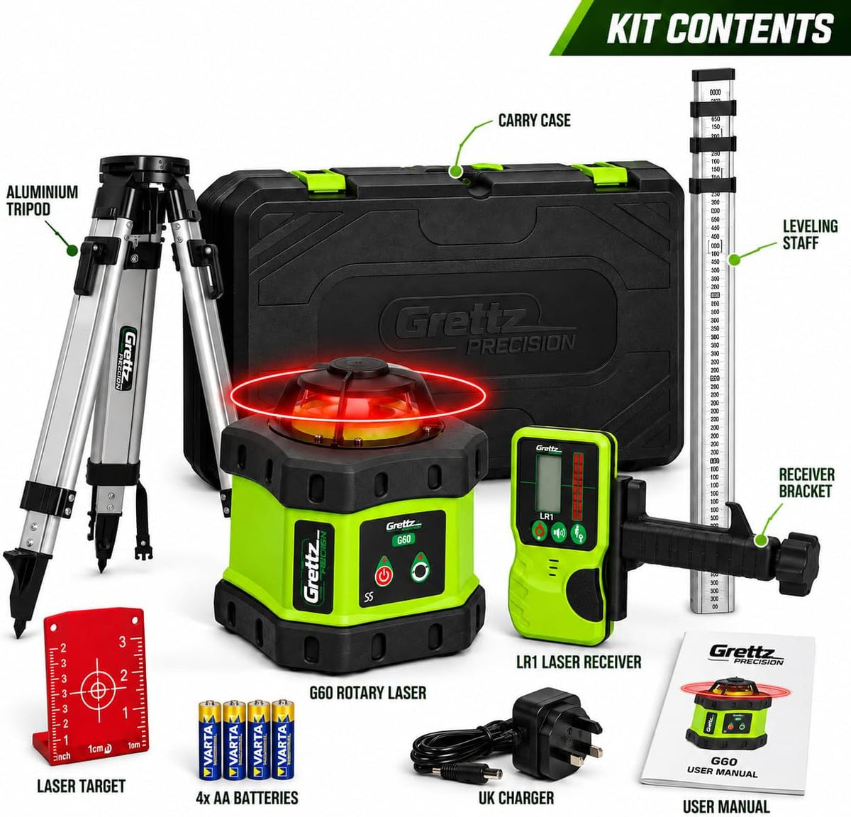 Grettz G60 Rotary Laser Level Kit — Red Beam, Tripod, Staff & Receiver