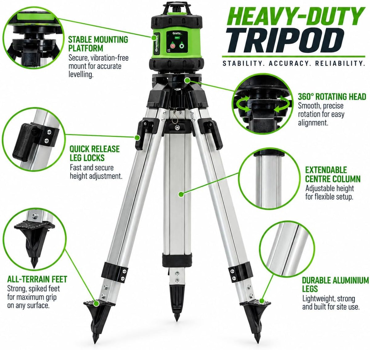 Grettz G60 Rotary Laser Level Kit — Red Beam, Tripod, Staff & Receiver