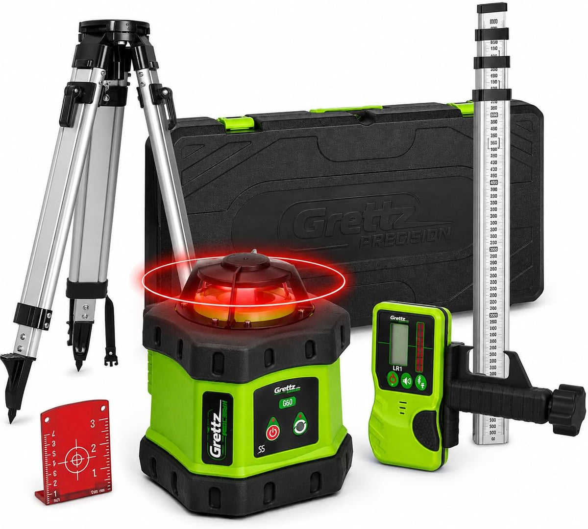 Grettz G60 Rotary Laser Level Kit — Red Beam, Tripod, Staff & Receiver