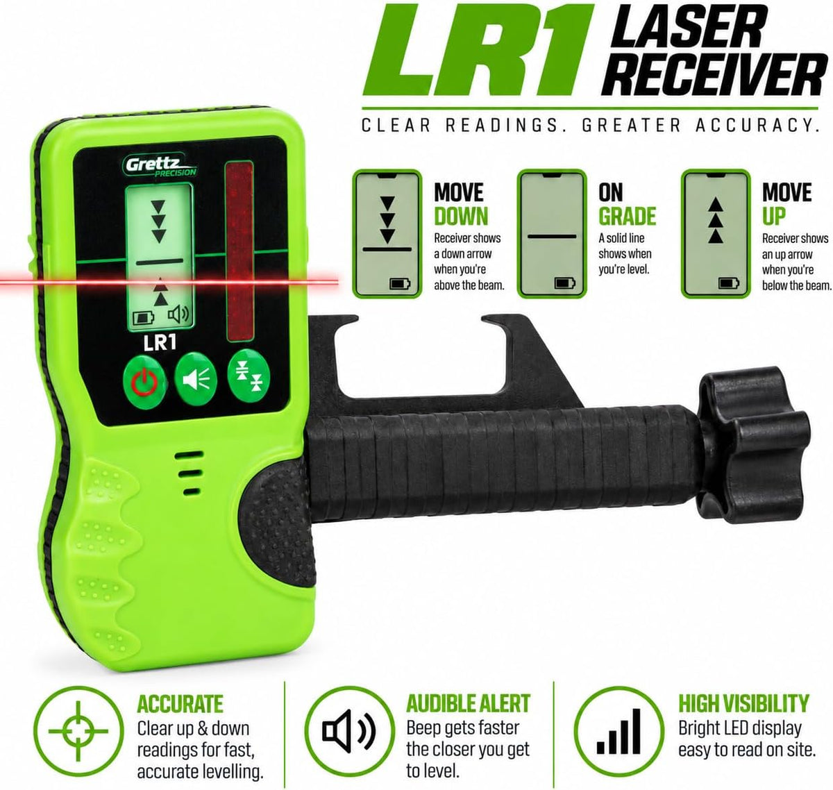 Grettz G60 Rotary Laser Level Kit — Red Beam, Tripod, Staff & Receiver