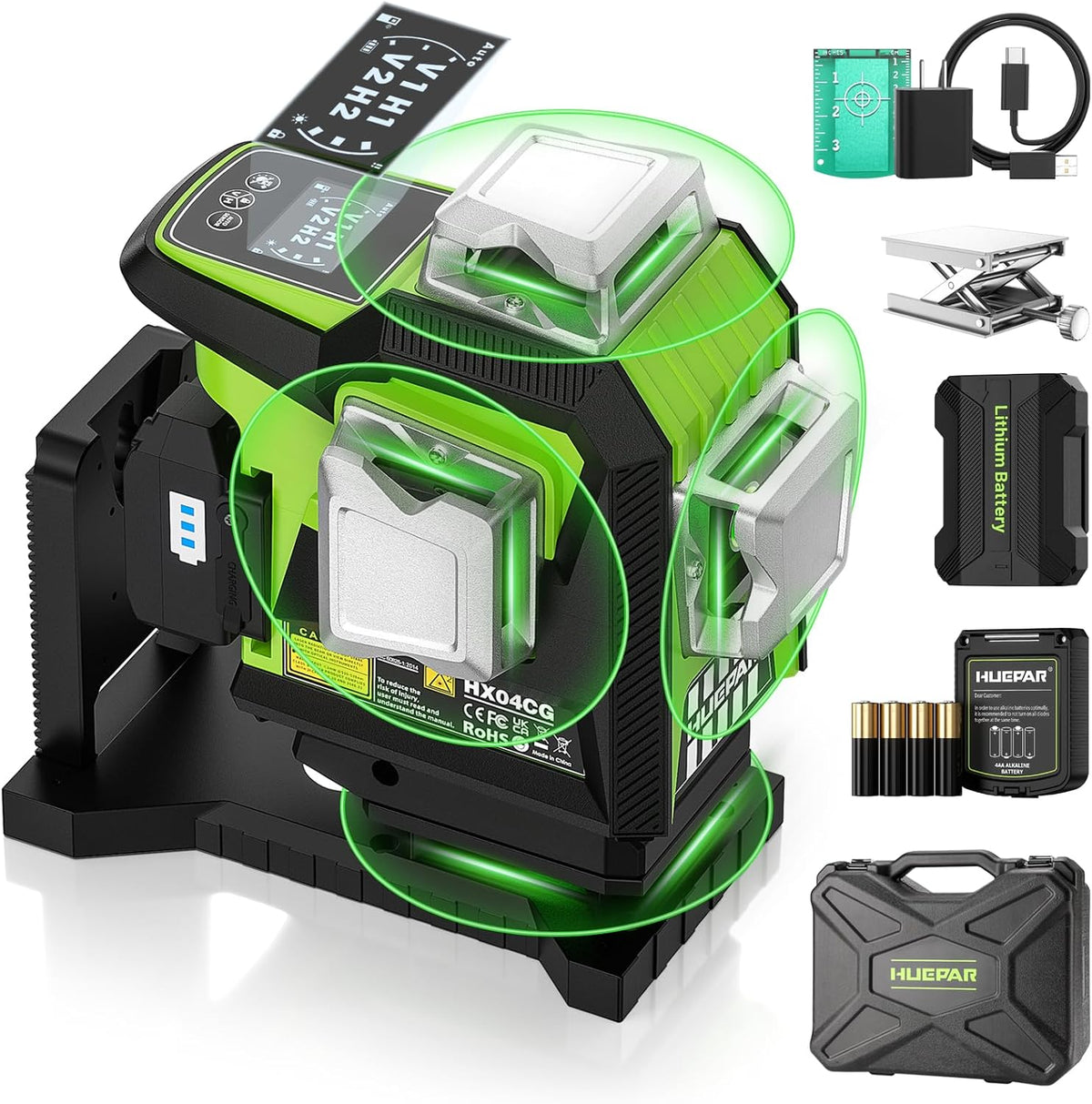 Huepar 4x360 Laser Level Adjustable Brightness Green 16 Lines Leveler with LCD Screen, 2 Type Batteries (Li-ion Battery+4*AA Battery), 4 Working Modes, ±2mm High Accuracy Self Leveling Laser Leveler