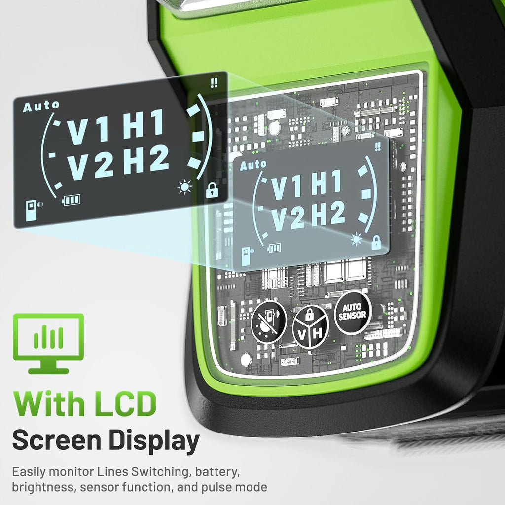 Huepar 4x360 Laser Level Adjustable Brightness Green 16 Lines Leveler with LCD Screen, 2 Type Batteries (Li-ion Battery+4*AA Battery), 4 Working Modes, ±2mm High Accuracy Self Leveling Laser Leveler