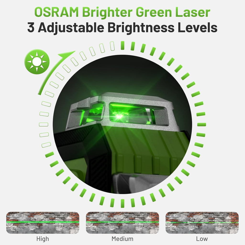 Huepar 4x360 Laser Level Adjustable Brightness Green 16 Lines Leveler with LCD Screen, 2 Type Batteries (Li-ion Battery+4*AA Battery), 4 Working Modes, ±2mm High Accuracy Self Leveling Laser Leveler