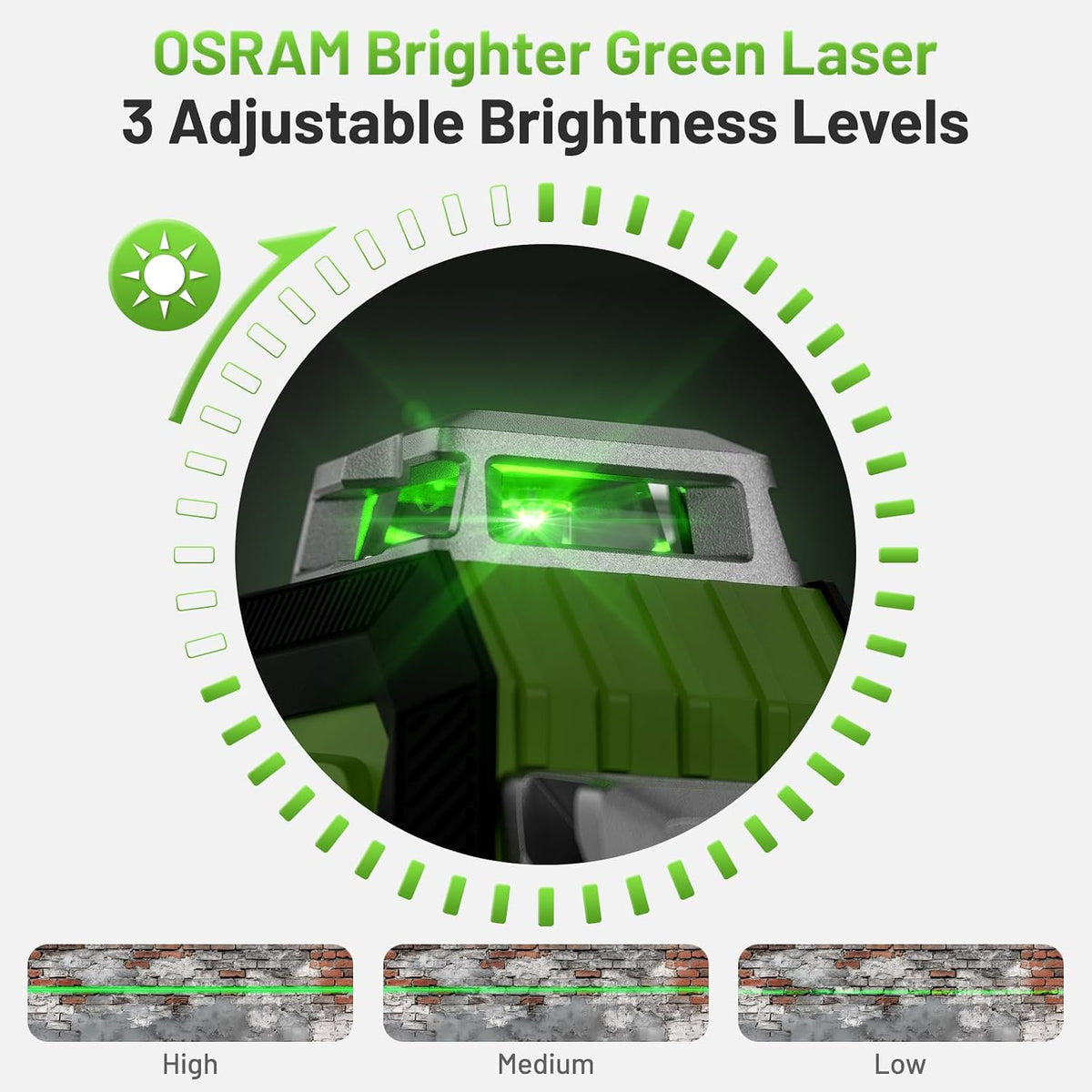 Huepar 4x360 Laser Level Adjustable Brightness Green 16 Lines Leveler with LCD Screen, 2 Type Batteries (Li-ion Battery+4*AA Battery), 4 Working Modes, ±2mm High Accuracy Self Leveling Laser Leveler
