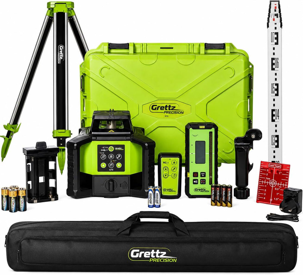 Grettz G70 Red Beam Rotary Laser Level Kit — Dual Grade, Self-Levelling