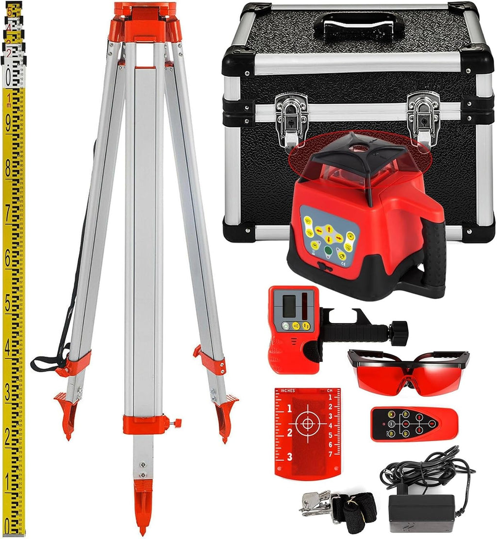 360° Rotary Laser Level Kit 500m Range Beam with Rod & Staff Automatic Red Rotating Laser Level Self-Leveling Precision Measuring Tool Construction and Layout Ideal for Indoor & Outdoor Projects