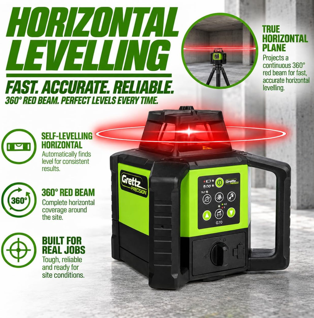 Grettz G70 Red Beam Rotary Laser Level Kit — Dual Grade, Self-Levelling
