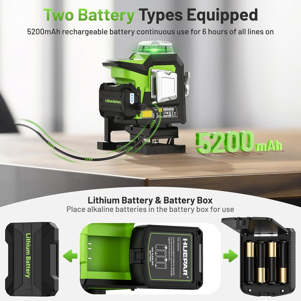 Huepar 4x360 Laser Level Adjustable Brightness Green 16 Lines Leveler with LCD Screen, 2 Type Batteries (Li-ion Battery+4*AA Battery), 4 Working Modes, ±2mm High Accuracy Self Leveling Laser Leveler