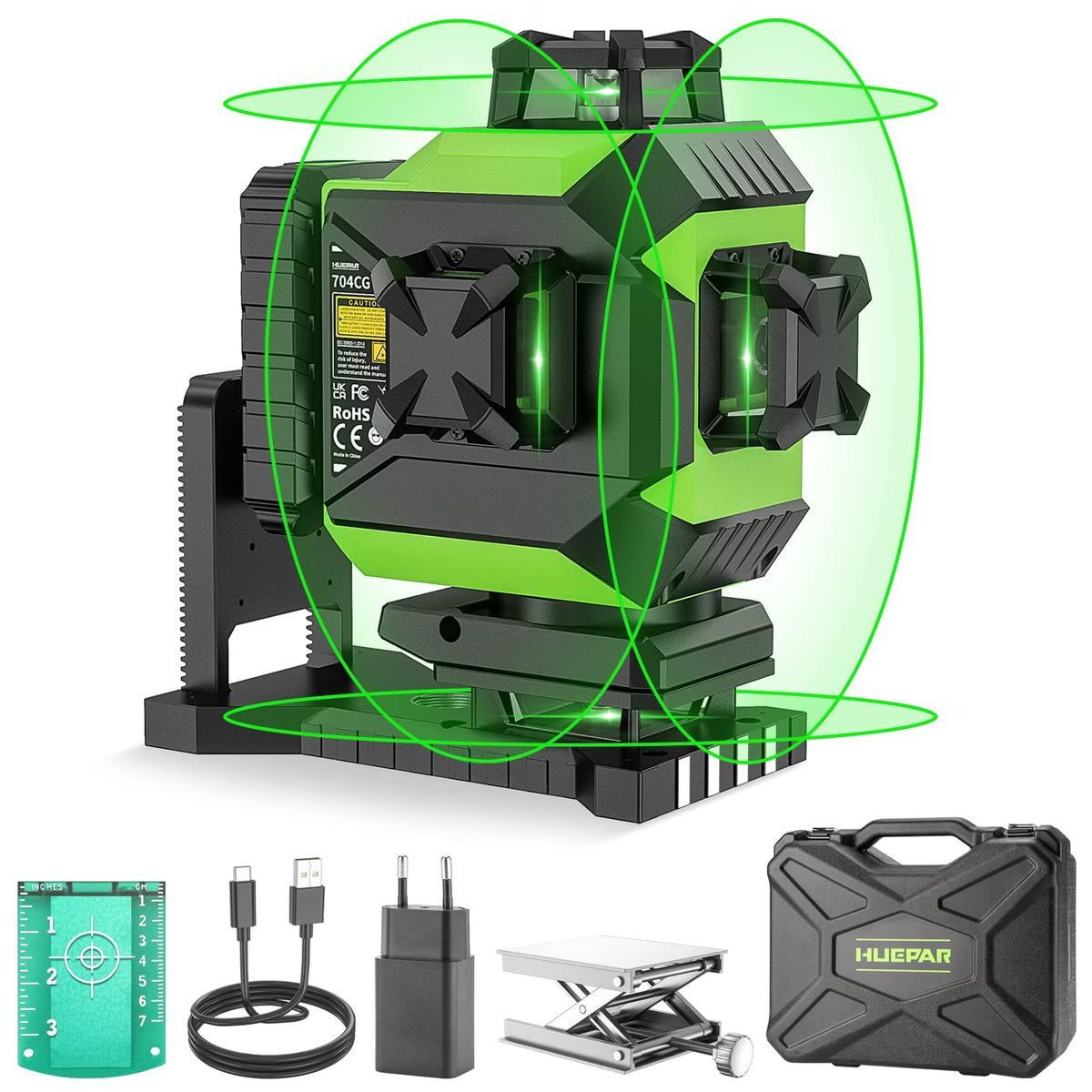 Huepar 4x360 Laser Level Adjustable Brightness Green 16 Lines Leveler with LCD Screen, 2 Type Batteries (Li-ion Battery+4*AA Battery), 4 Working Modes, ±2mm High Accuracy Self Leveling Laser Leveler