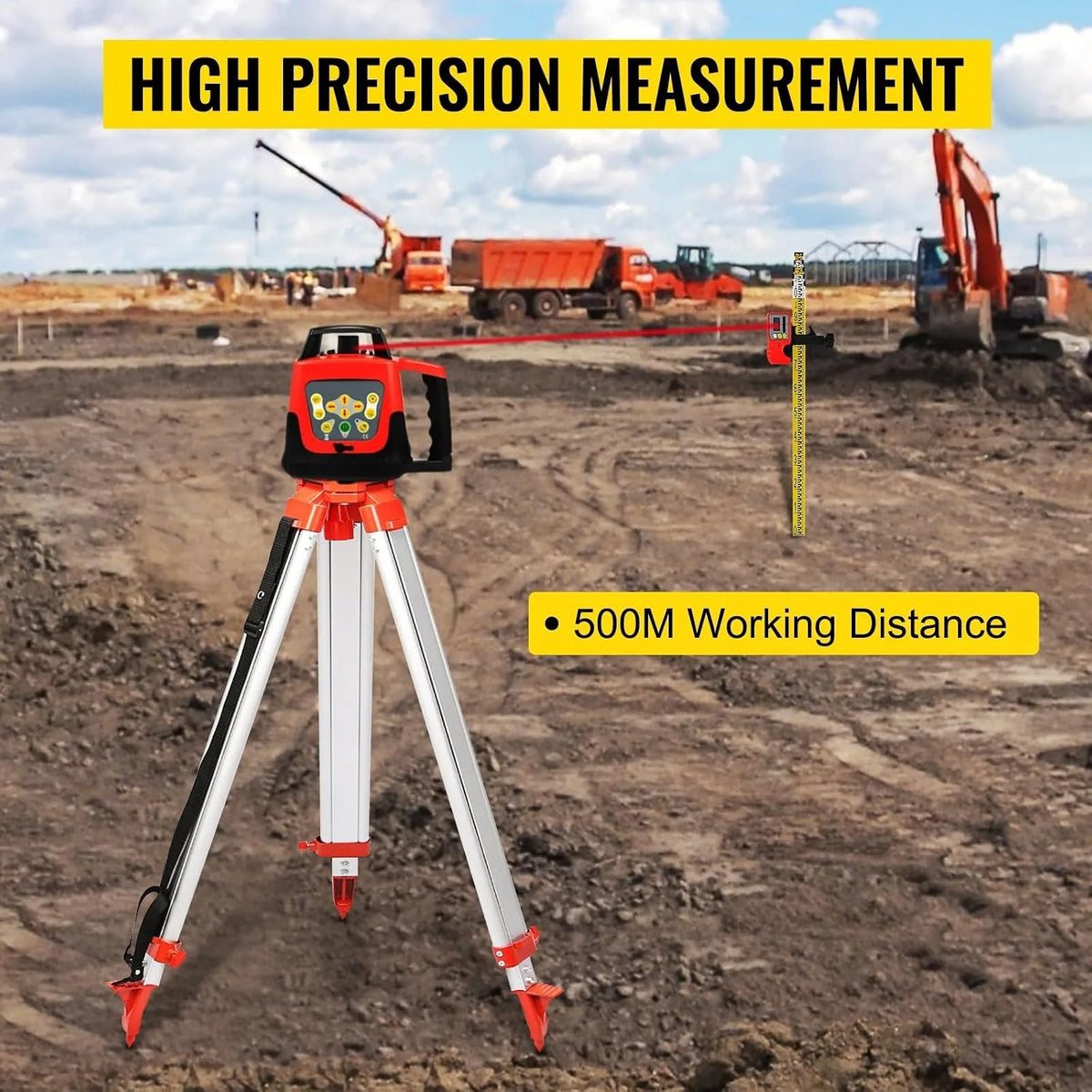 360° Rotary Laser Level Kit 500m Range Beam with Rod & Staff Automatic Red Rotating Laser Level Self-Leveling Precision Measuring Tool Construction and Layout Ideal for Indoor & Outdoor Projects