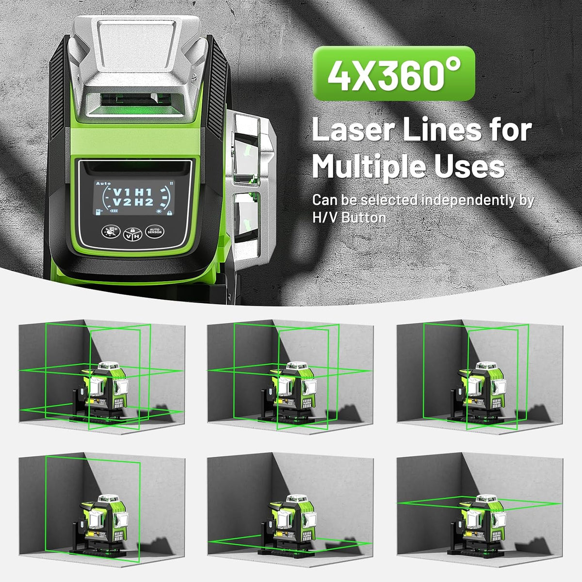 Huepar 4x360 Laser Level Adjustable Brightness Green 16 Lines Leveler with LCD Screen, 2 Type Batteries (Li-ion Battery+4*AA Battery), 4 Working Modes, ±2mm High Accuracy Self Leveling Laser Leveler