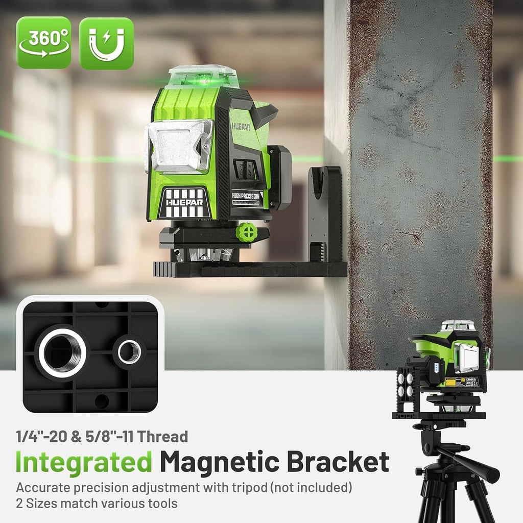Huepar 4x360 Laser Level Adjustable Brightness Green 16 Lines Leveler with LCD Screen, 2 Type Batteries (Li-ion Battery+4*AA Battery), 4 Working Modes, ±2mm High Accuracy Self Leveling Laser Leveler